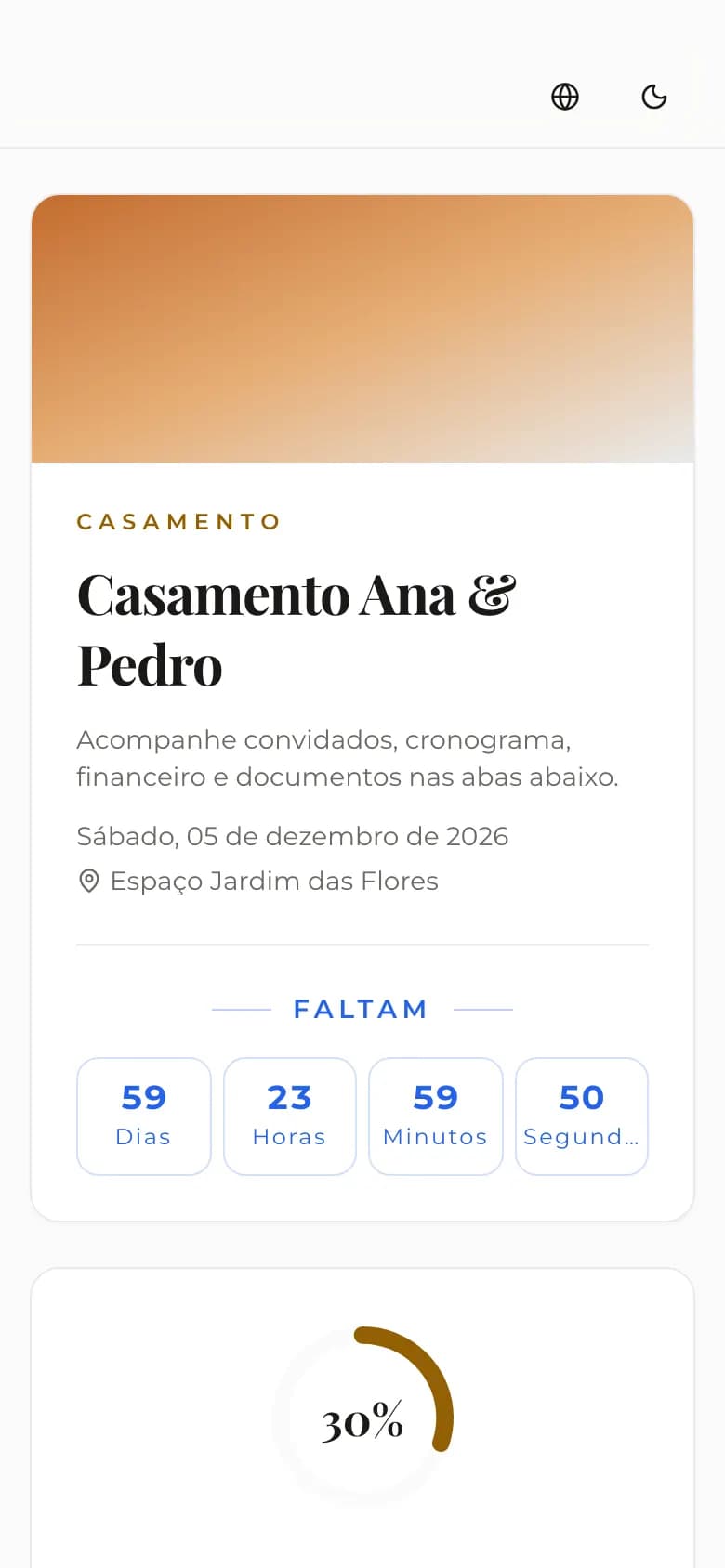 Portal do cliente no celular, com a contagem regressiva para o casamento